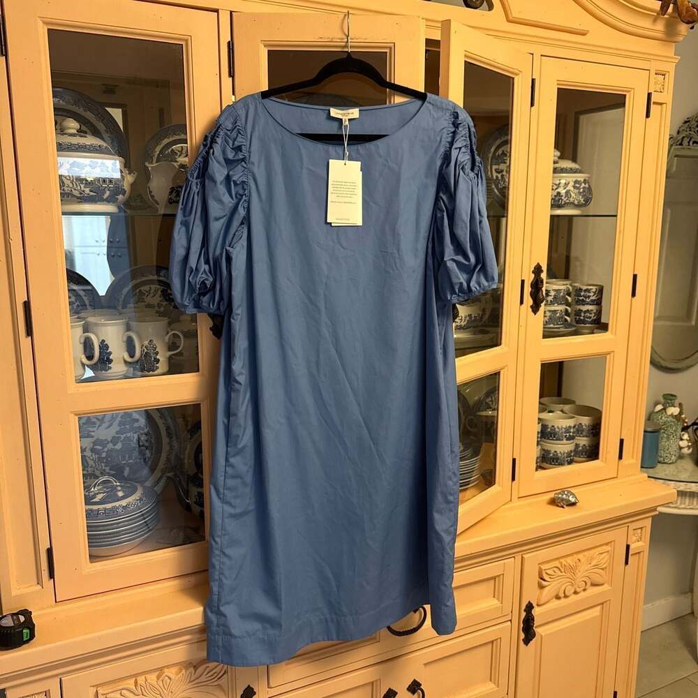 Lafayette 148 New York Hattie Puff-Sleeve Shift Dress in Bluebell size XL
